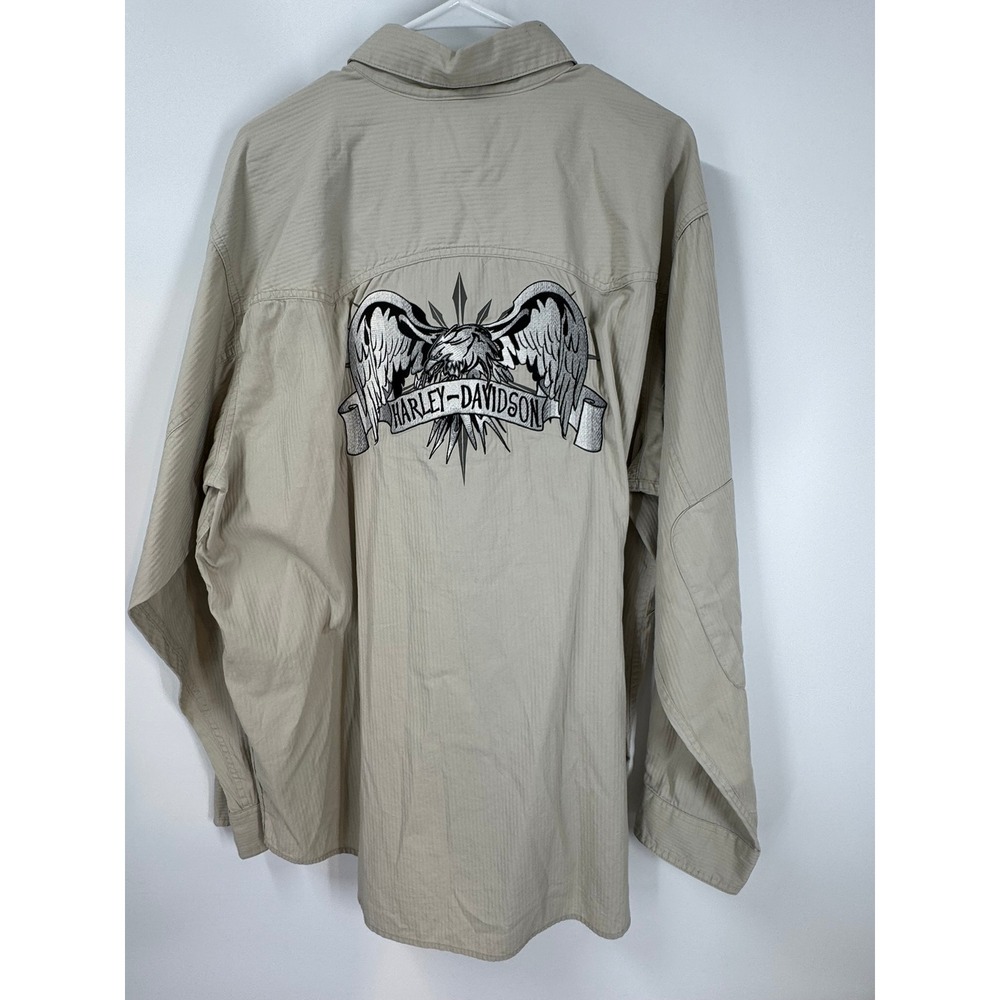 Harley Davidson Eagle Embroidered Button Up Shirt XL Beige Cotton Long‎ Sleeve
